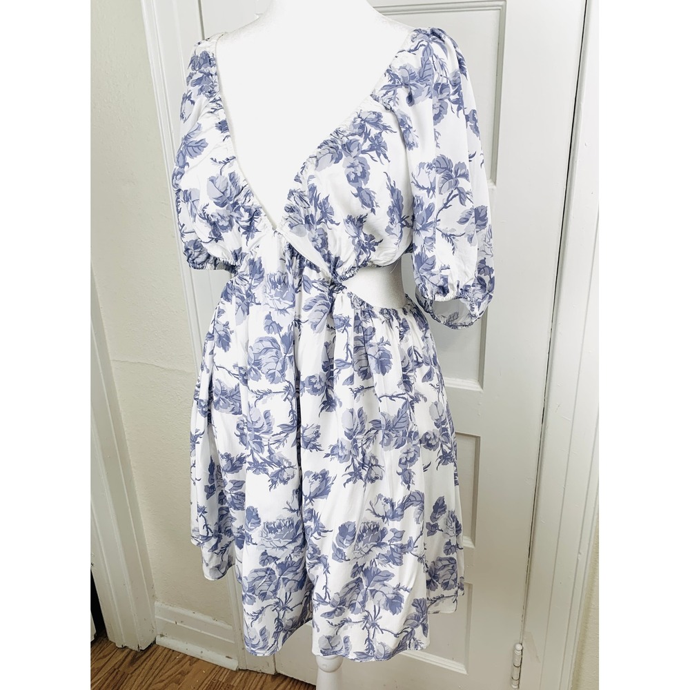 Bardot Eden Mini‎ Dress XL Lilac Blue Floral Side Cutouts Coquette BabyDoll Boho - Picture 4 of 16